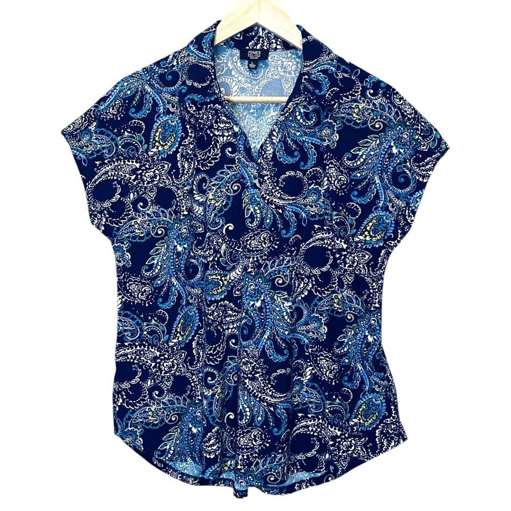 Jones New York Signature Women’s Top Size Large Navy Paisley Collared Blouse